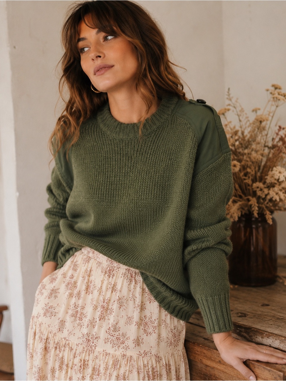 Sézane La Maille Olive Green Merino Wool Military Shoulder Sweater Size S
